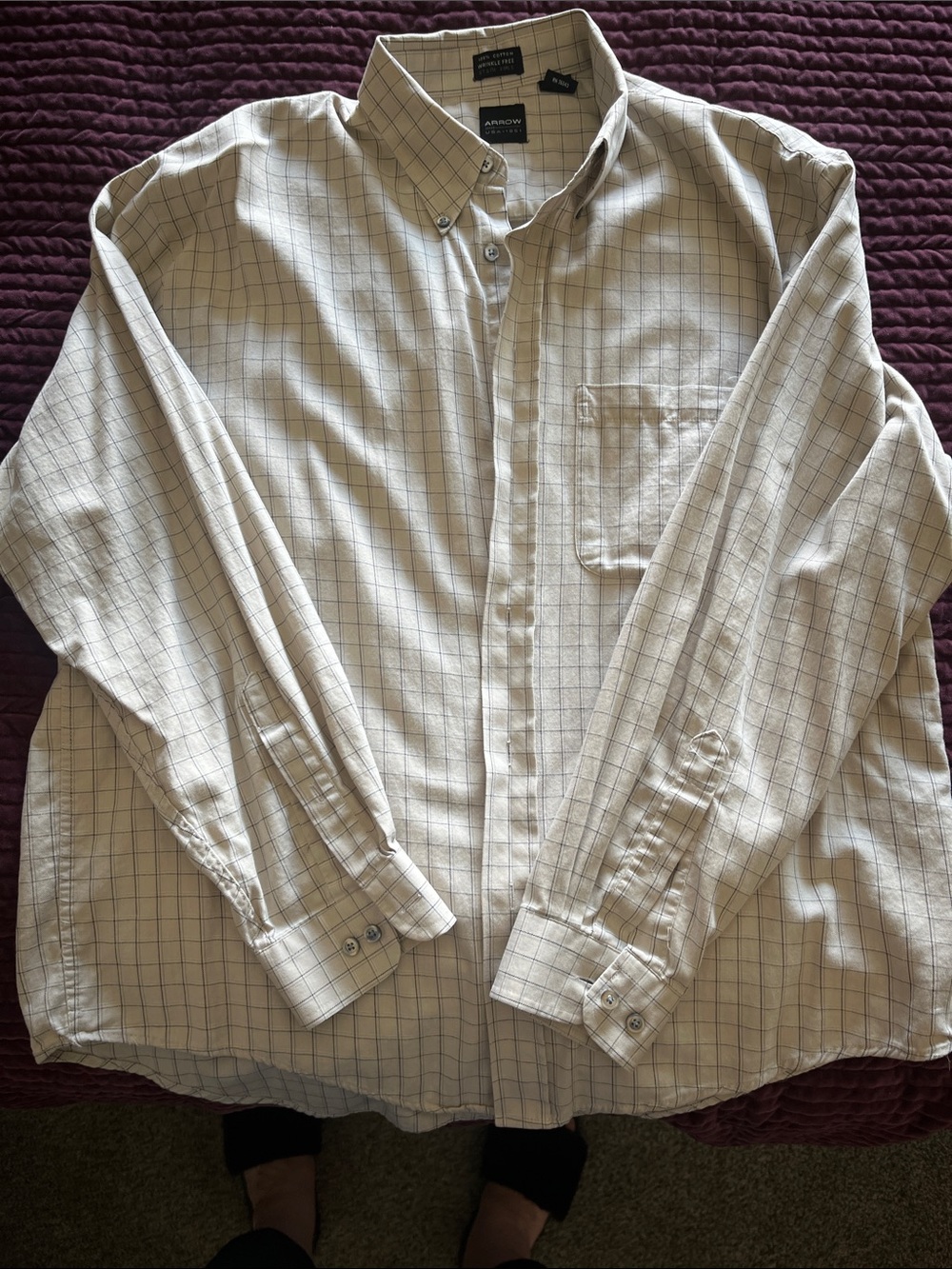 Arrow Men's Cream Button-Down Shirt with Gray Windowpane Check